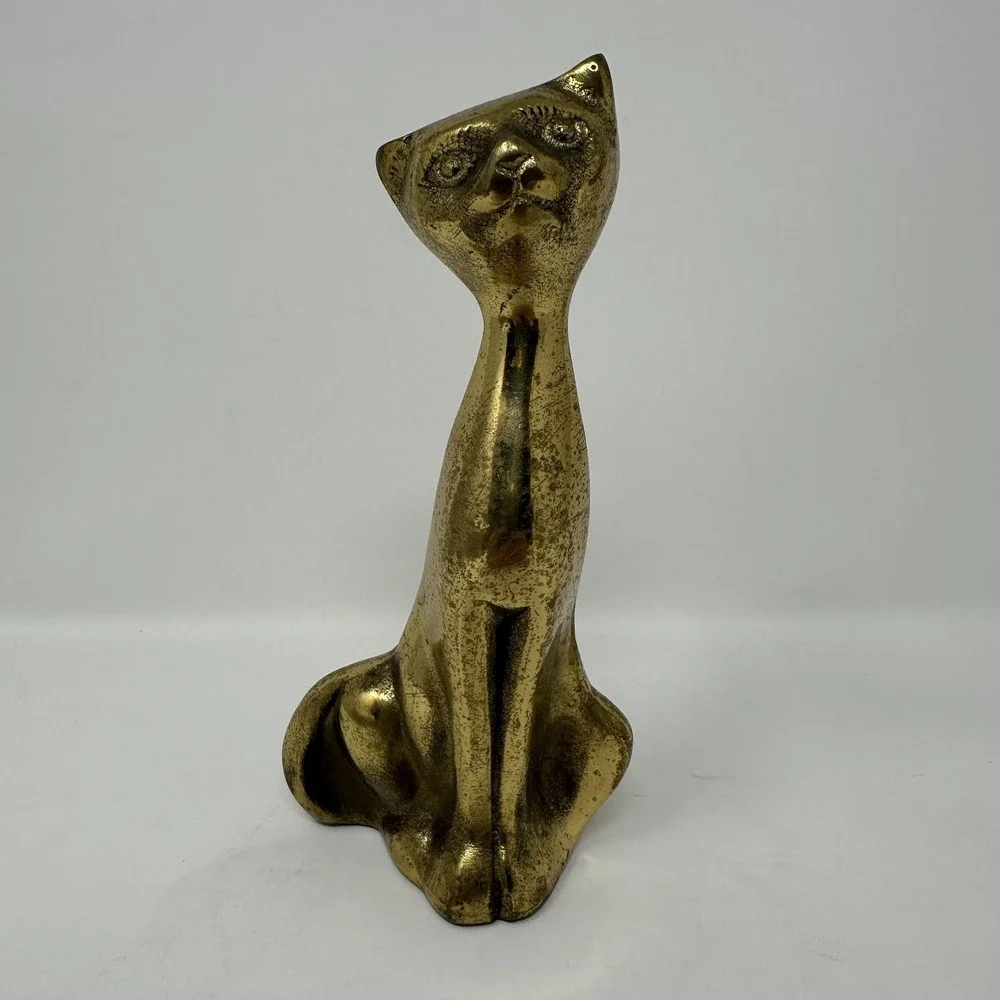 Vintage Solid Brass Cat Figurine Statue Sculpture MCM Style Gold‎ Tone Korea